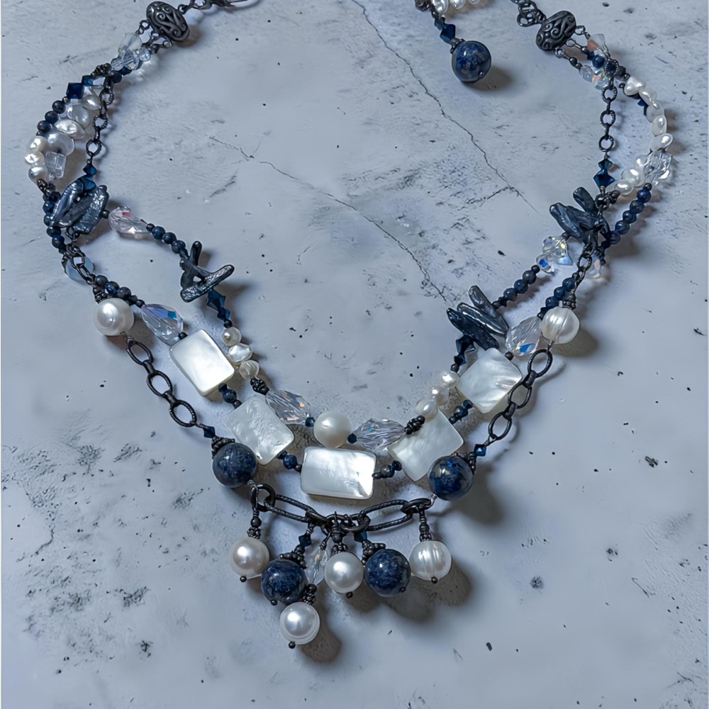 Tres Jolie biwa pearl sodalite multi-strand necklace 18” sterling silver blue 💙